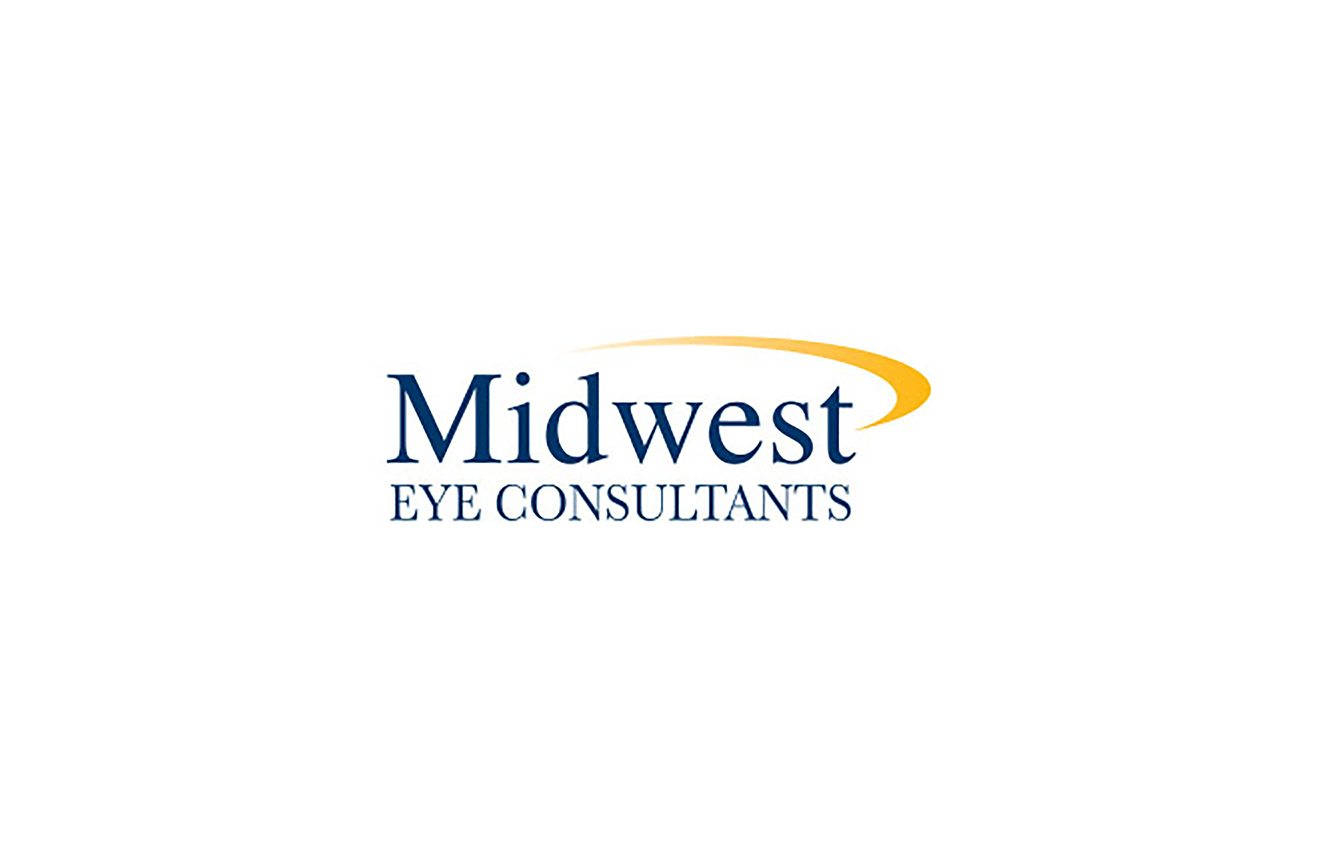 A logo features the text "Midwest Eye Consultants" in blue with a curved yellow line above the words.
