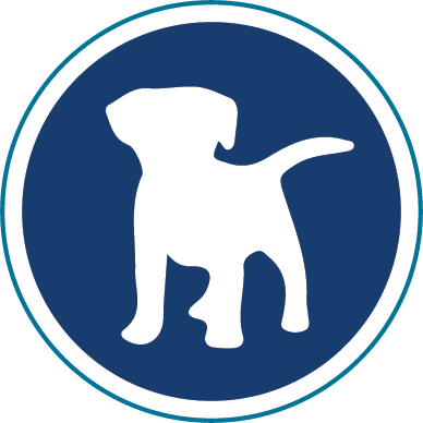 A simple white silhouette of a dog is centered within a blue circular background.