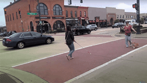A person with a white cane is crossing the street while another individual walks a dog nearby, surrounded by cars and buildings.