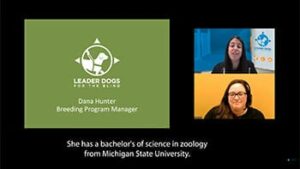 A presentation features two women discussing a breeding program, with the names and qualifications of one displayed prominently.