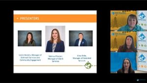 A virtual presentation showcases several individuals, each labeled with their names and titles, alongside a visually cohesive background.